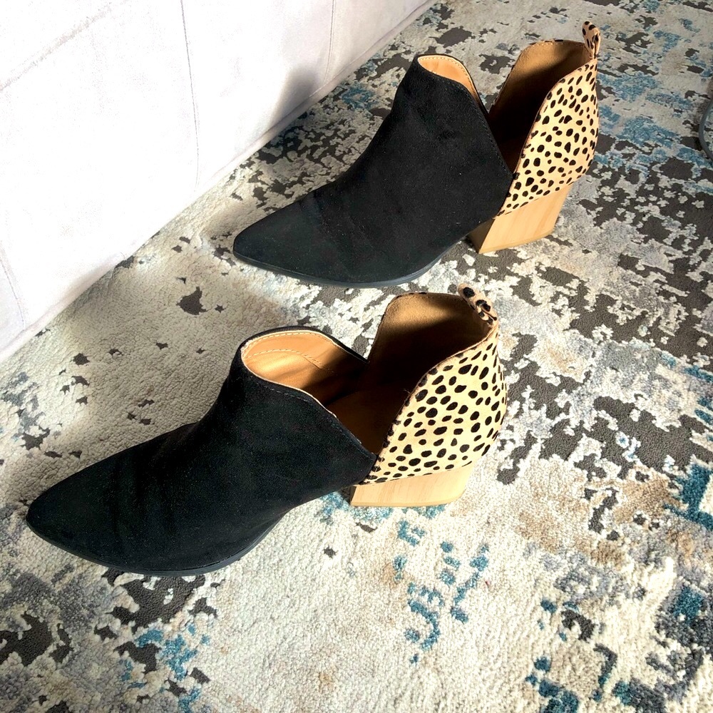Francesca’s Qupid Black and Leopard Print Booties